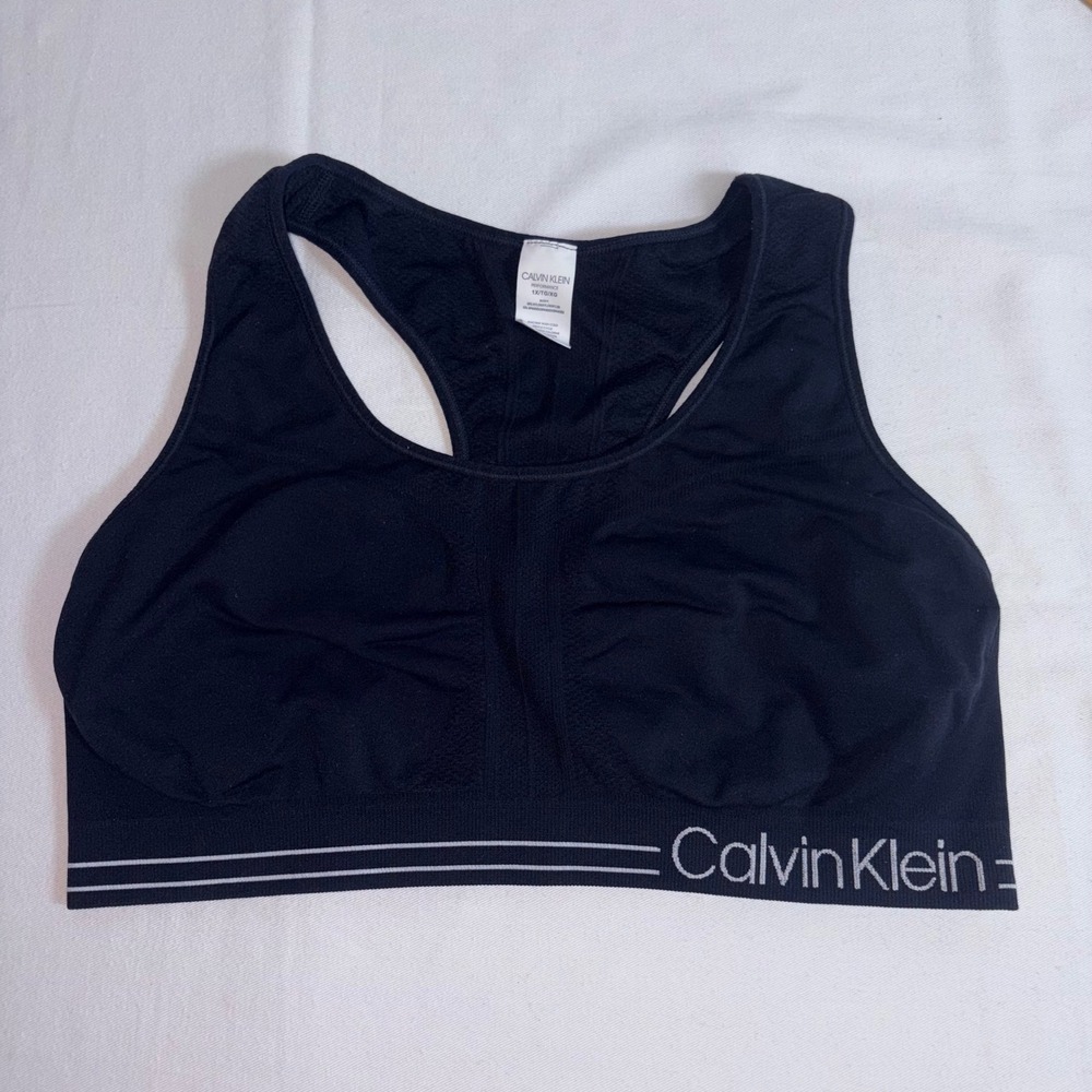 Calvin Klein Sports Bra 1X Black Excellent Racerback Performance Logo Band
